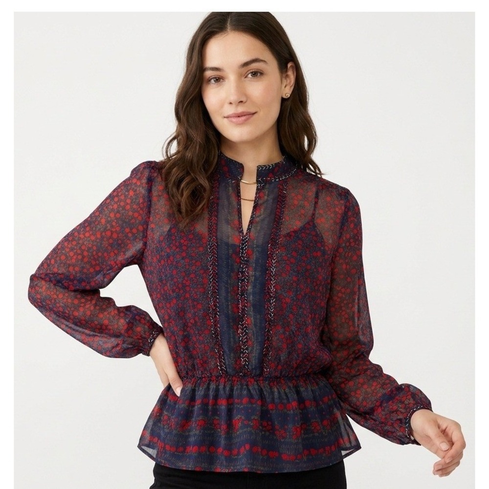 Free People Blouse Medium Navy Red Floral Beaded Sheer Peplum Top Boho Artisan
